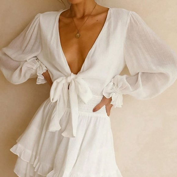 White Casual Womens Surplice Neck Lantern Sleeve Two Layer Hem Belted Dress - Picture 3 of 5